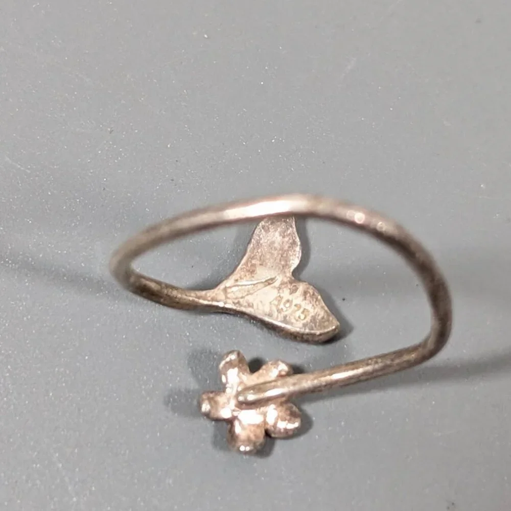 Sterling Silver 925 Flower Dolphin Tale Bypass Wrap Ring‎ Size 5  Boho Surfer
